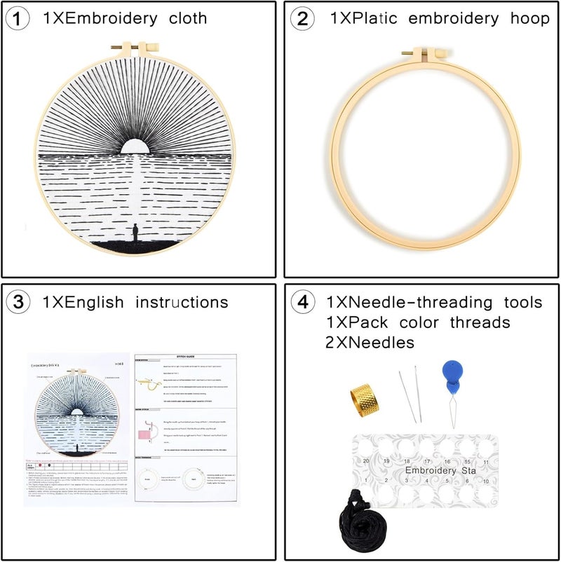 Crafmanoe Hand Embroidery Kits for Beginners Adults, Ocean Sunrise Embroidery Starter Kits, Counted Cross Stitch Kits for Beginners Adults Hobbies Sets for Women, Embroidery Hoops, Fabric and Thread - Image 3